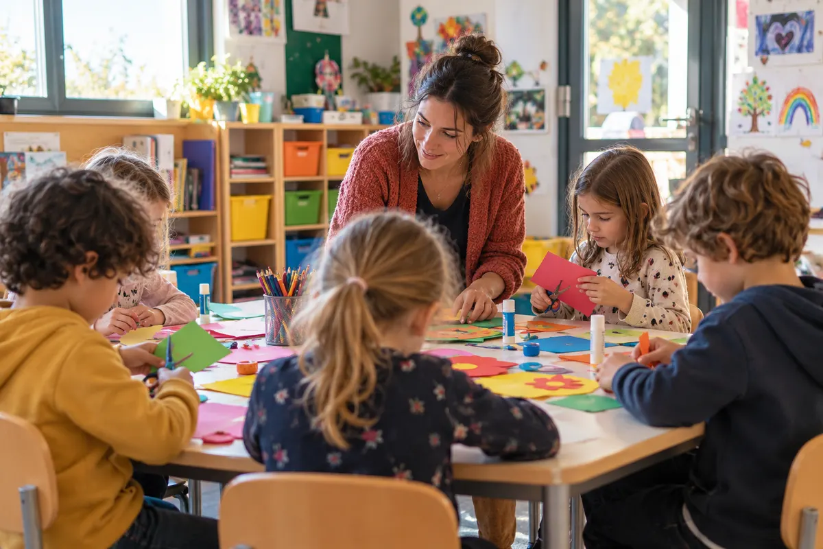 Une animatrice accompagnant des enfants pendant une activité créative